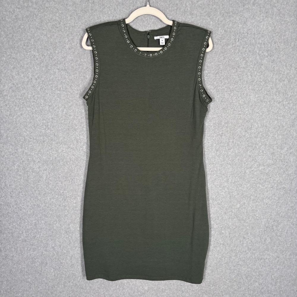 Bar III Embellished‎ Knit Mini Dress Medium Green Studded Grommet Shoulder Pads